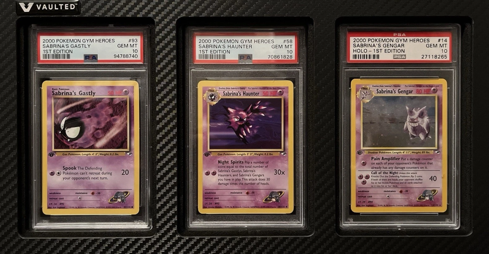 PSA 10 1st Edition Gym Heroes Sabrina’s Gengar, Haunter, and Gastly